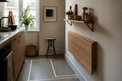 Coin cuisine compact avec table murale rabattable, étagère snack et mètre ruban au sol