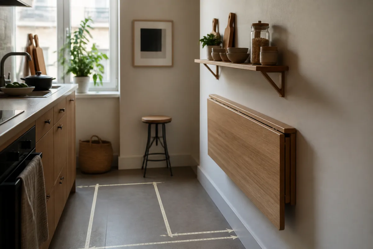 Coin cuisine compact avec table murale rabattable, étagère snack et mètre ruban au sol