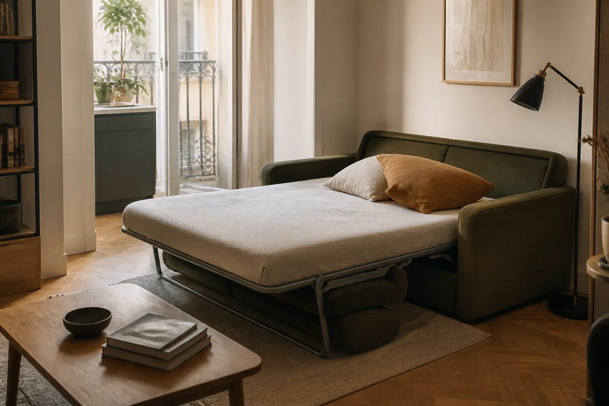 Canapé‑lit mi‑déplié dans un petit séjour montrant l’espace ouvert et le passage libre
