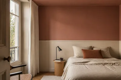 Coin de petite chambre montrant tête de lit peinte, soubassement à 90–110 cm et plafond légèrement teinté