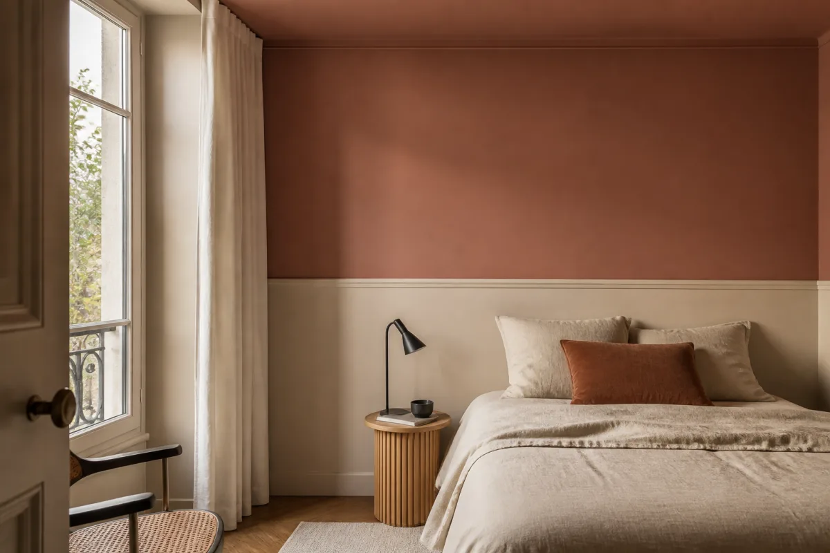 Coin de petite chambre montrant tête de lit peinte, soubassement à 90–110 cm et plafond légèrement teinté