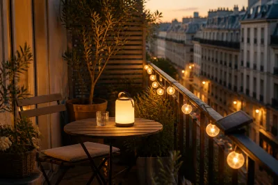 Balcon urbain éclairé par une guirlande solaire et une baladeuse posée sur une petite table, sans perçage