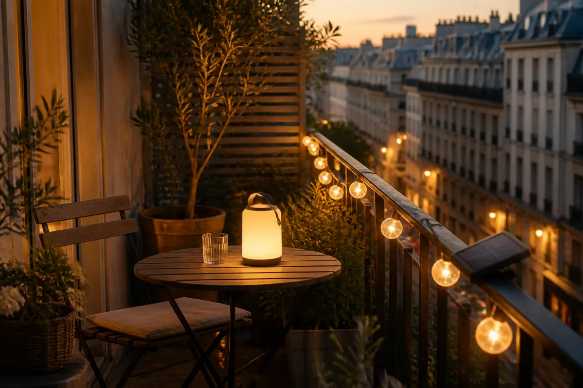 Balcon urbain éclairé par une guirlande solaire et une baladeuse posée sur une petite table, sans perçage