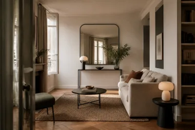 Petit salon 20 m² avec un grand miroir au-dessus d'une console, circulation dégagée