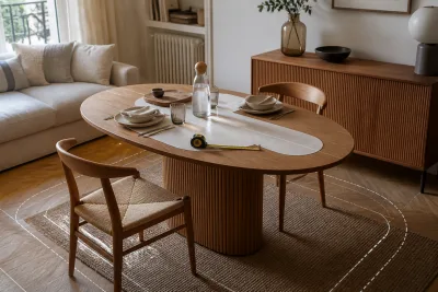 Table ovale pour deux dans un petit séjour, mètre ruban et gabarits au sol indiquant les dégagements