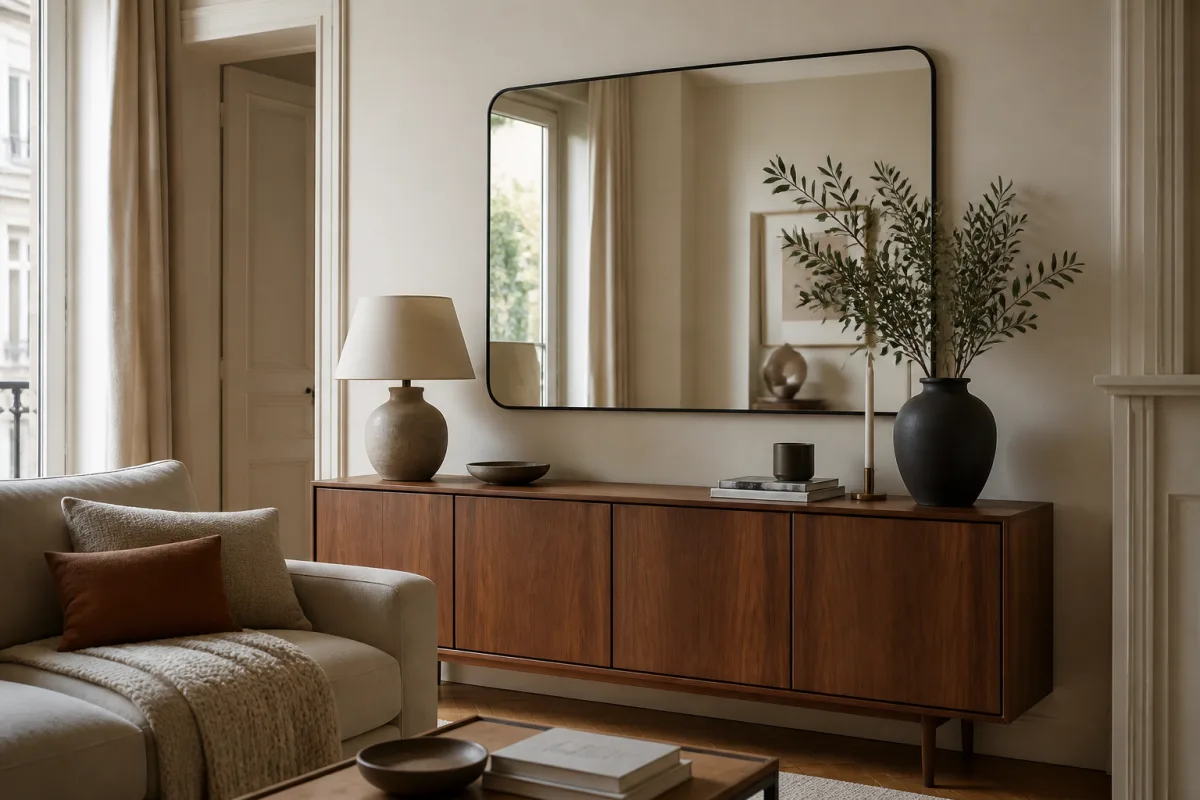 Grand miroir rectangulaire centré au‑dessus d'un buffet dans un petit séjour, espace de 10–20 cm visible entre plateau et bas du miroir