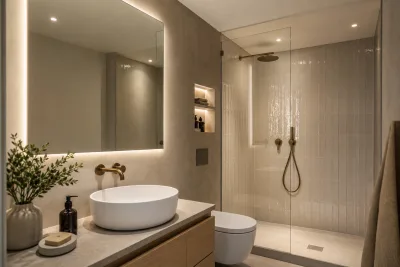 Petite salle de bain sans fenêtre avec grand miroir au-dessus de la vasque et douche à faïence brillante