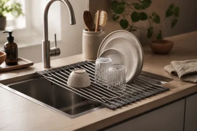 Grille extensible posée sur un évier, assiettes et verres en séchage, eau s'écoulant dans la cuve