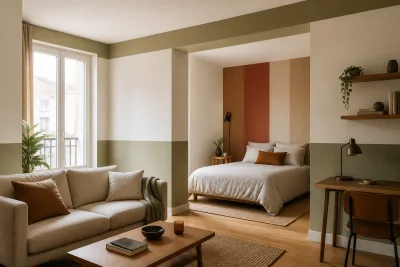 Studio 25 m² avec soubassement vert sauge, bandeau plafond bleu-gris et deux bandes verticales encadrant la tête de lit