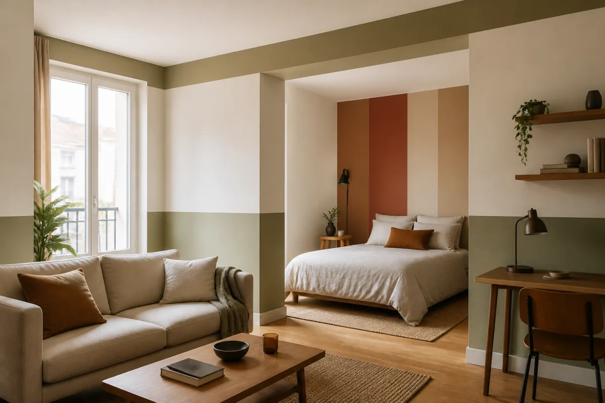 Studio 25 m² avec soubassement vert sauge, bandeau plafond bleu-gris et deux bandes verticales encadrant la tête de lit