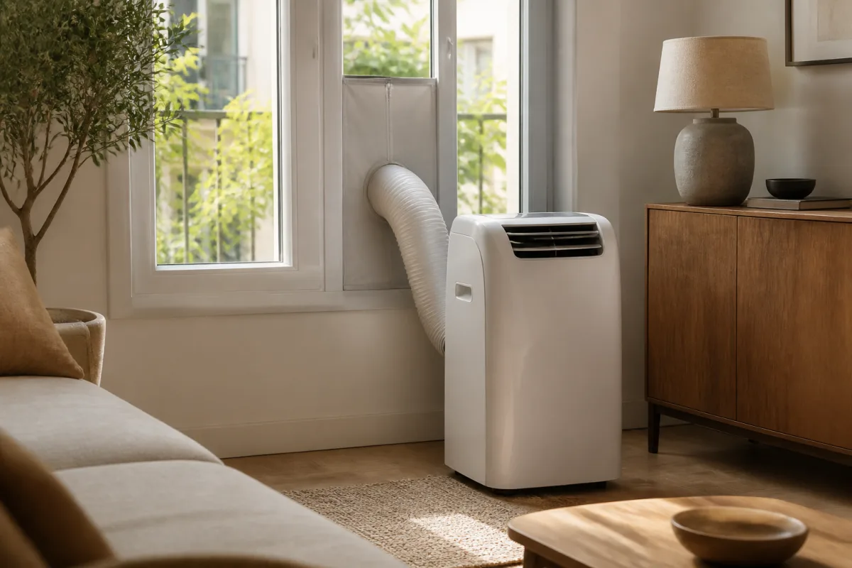 Climatiseur mobile posé près d'une fenêtre avec gaine sortie via un kit zippé et scellement visible