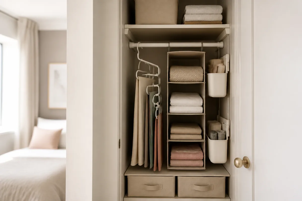 Intérieur de placard étroit équipé d'une barre à pression, boîtes plates et cintres cascade