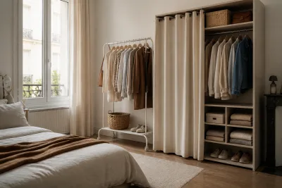 Coin de chambre avec portant à roulettes et module peu profond fermé par un rideau, passage dégagé