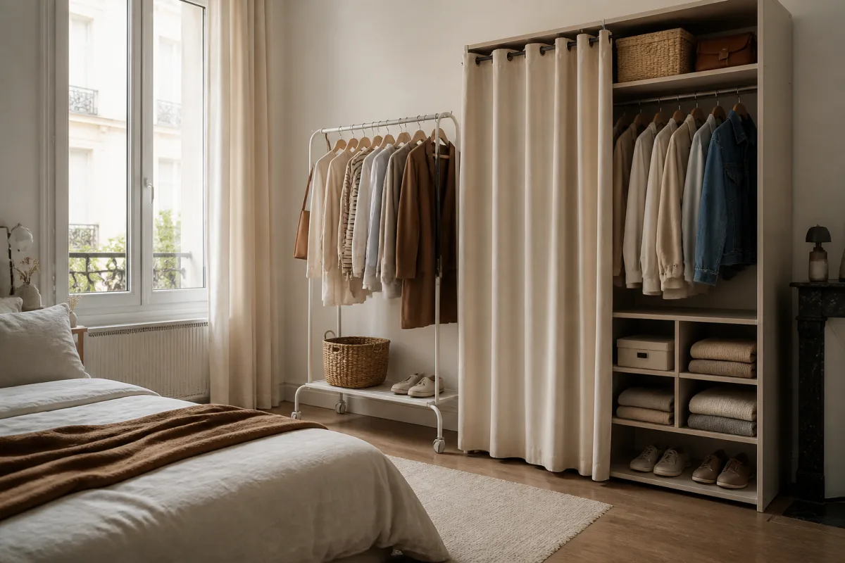 Coin de chambre avec portant à roulettes et module peu profond fermé par un rideau, passage dégagé