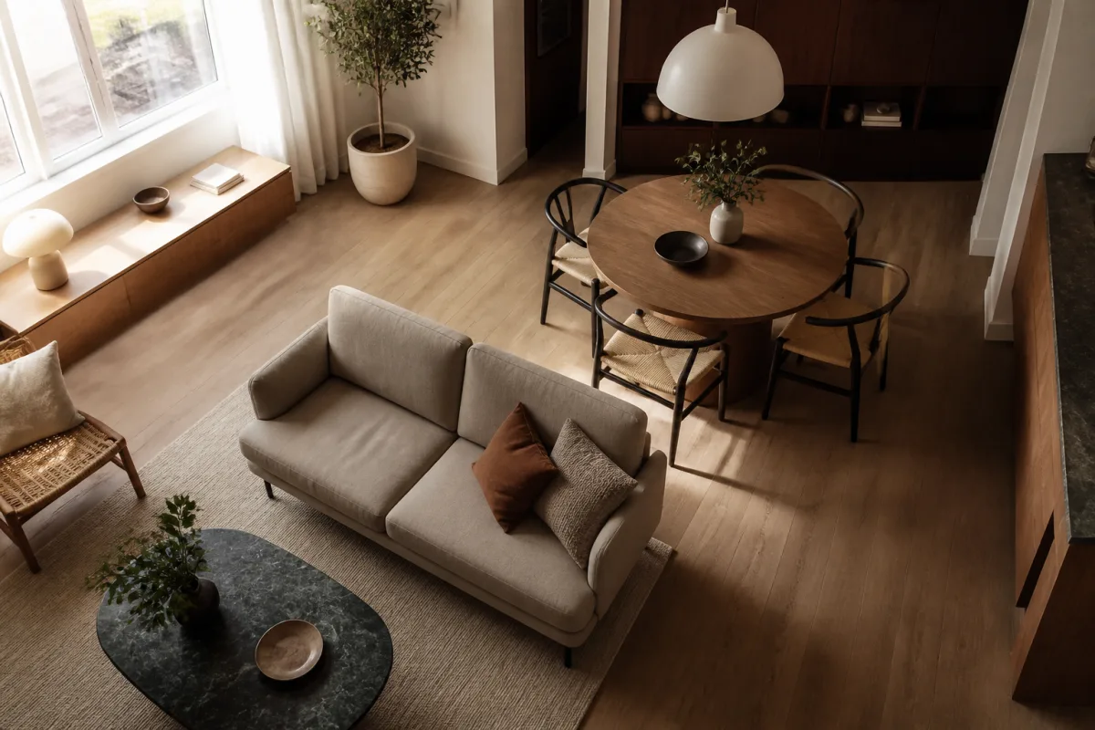A compact combined living and dining area viewed from above, small contemporary apartment living room, natural daylight from a large window