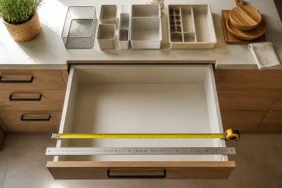 Tiroir de cuisine ouvert vu de dessus, mètre ruban posé et modules de rangement alignés sur le plan de travail