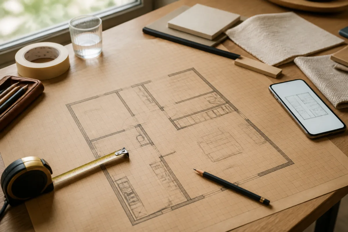 Plan d'appartement à l'échelle 1:50 posé sur une table, mètre ruban et ruban de masquage à côté