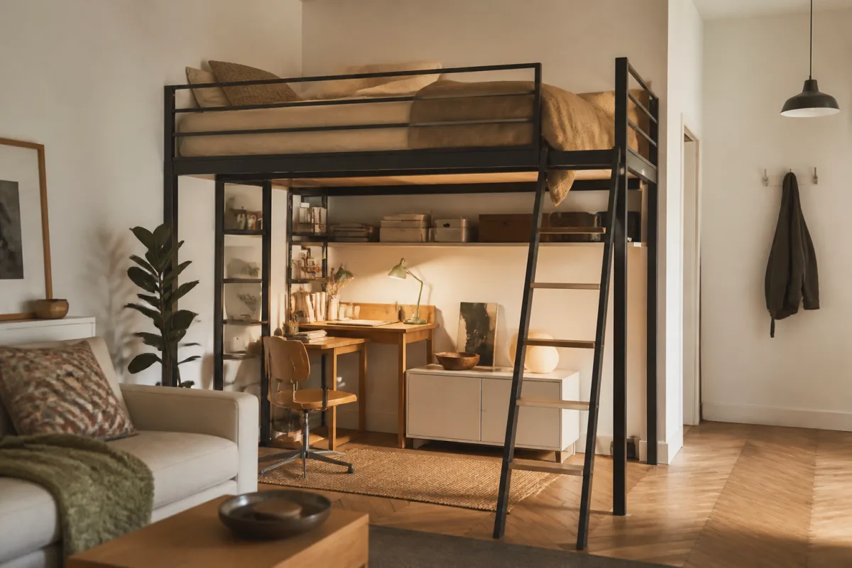 Mezzanine autoportée dans un petit appartement, espace bureau et rangement sous le lit
