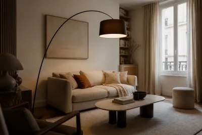 Salon 25–45 m² avec lampadaire arceau éclairant la zone canapé et table basse, câbles dissimulés en plinthe