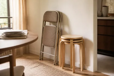 Coin repas d'un petit appartement avec une chaise pliante rangée en tranche et deux tabourets empilés en colonne