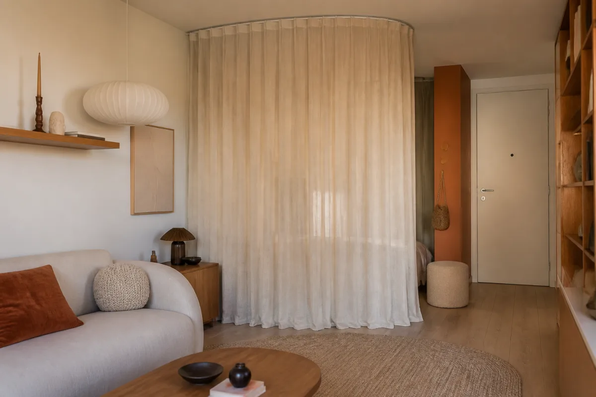 Coin salon d'un petit appartement avec rideau pleine hauteur formant une courbe, tapis ovale et table aux bords adoucis