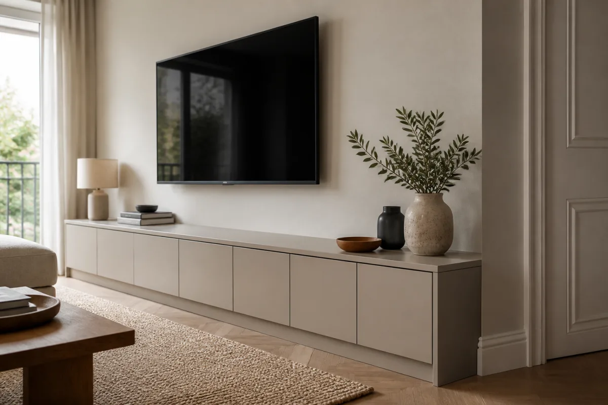 A low-depth built-in storage run under a wall-mounted TV, showing continuous recessed plinth and flush top shelf, contemporary living room with painte