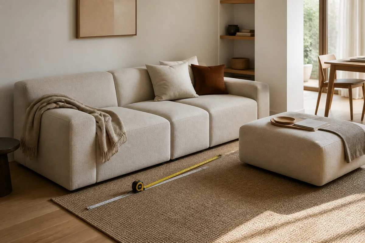 A compact modular sofa arranged in a mid-size living room, neutral furnished living room suggesting 14–22 m² (sofa against a wall, visible circulation