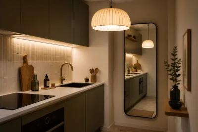 Cuisine sans fenêtre : crédence éclairée par réglette sous-meuble, suspension sur prise et miroir mural vertical renvoyant la lumière
