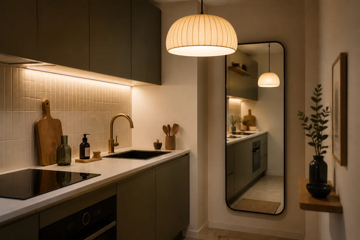 Cuisine sans fenêtre : crédence éclairée par réglette sous-meuble, suspension sur prise et miroir mural vertical renvoyant la lumière