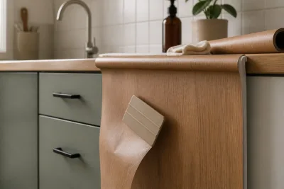 Pose de film vinyle sur une porte de meuble de cuisine près de l’évier, avec raclette et sèche-cheveux à portée