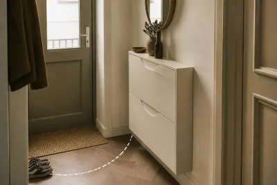 A narrow wall-mounted shoe cabinet with a slim tilting front, micro-entry under 1 m² with visible door arc traced on the floor