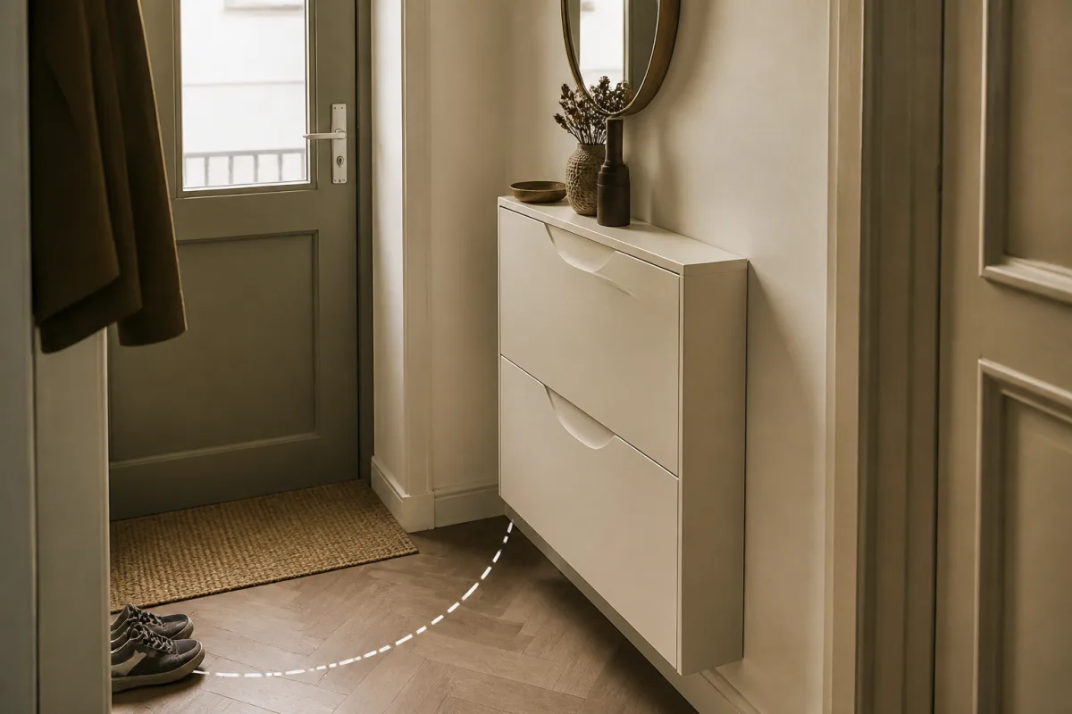 A narrow wall-mounted shoe cabinet with a slim tilting front, micro-entry under 1 m² with visible door arc traced on the floor
