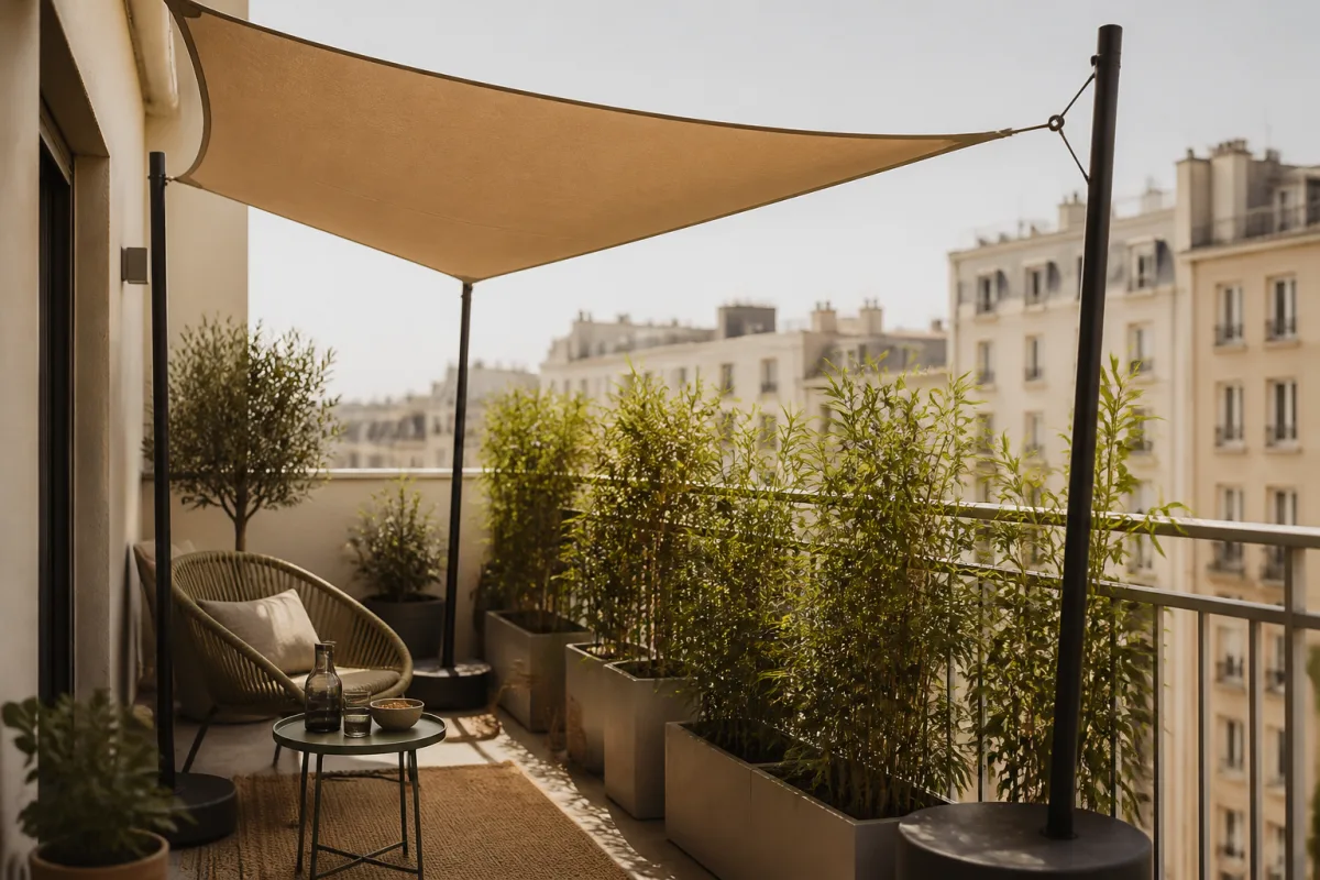 Balcon de location avec voile d'ombrage montée sur mâts lestés et pots alignés le long du garde-corps