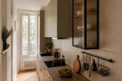 Cuisine étroite en enfilade avec une vitrine murale peu profonde à façade vitrée et crédence équipée d’un rail