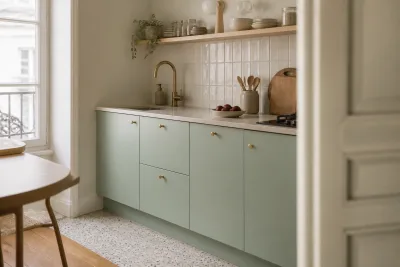 Coin de petite cuisine avec façades basses pastel, plan de travail neutre et crédence claire