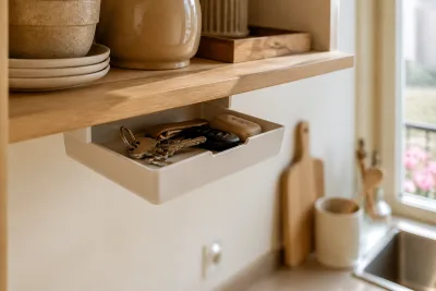 Boîte légère collée sous une étagère de cuisine, contenant clés et petits objets