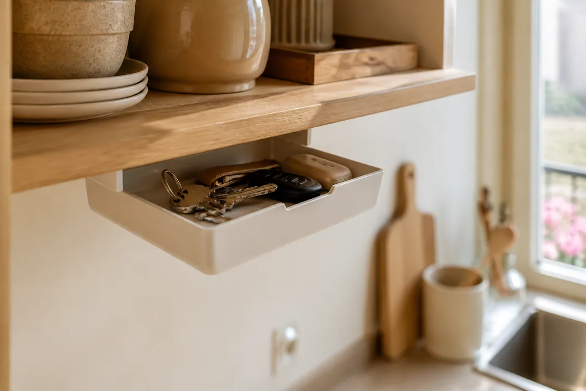 Boîte légère collée sous une étagère de cuisine, contenant clés et petits objets