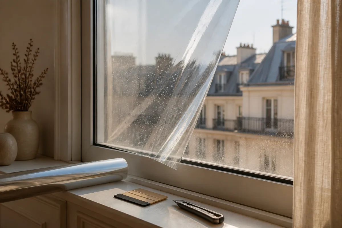Vitre d'appartement sud avec un film de vitrage partiellement posé, raclette et rouleau sur le rebord