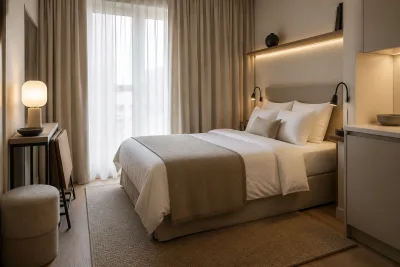 Coin chambre de studio soigné : lit fait façon hôtel, rideaux pleine hauteur, lampe sur prise et console peu profonde