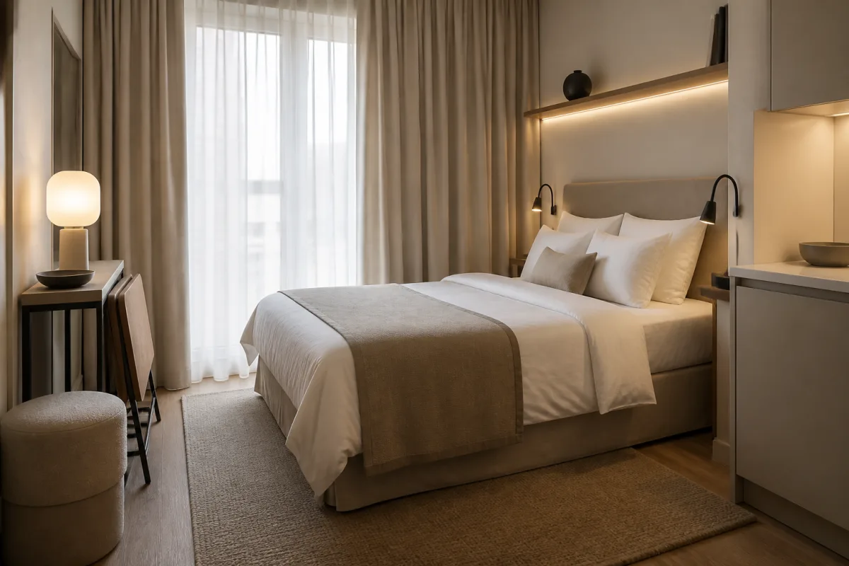Coin chambre de studio soigné : lit fait façon hôtel, rideaux pleine hauteur, lampe sur prise et console peu profonde