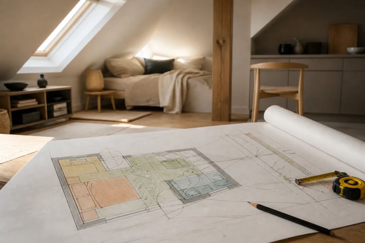 Plan dessiné au sol sous pente, ruban à mesurer et zones colorées pour hauteurs utiles
