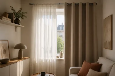 Fenêtre d’un petit appartement avec voilage clair et rideau doublé posé sur une tringle à pression, lumière naturelle douce
