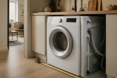 Lave-linge compact sous plan de travail avec mètre déroulé, tuyaux d’arrivée et évacuation visibles