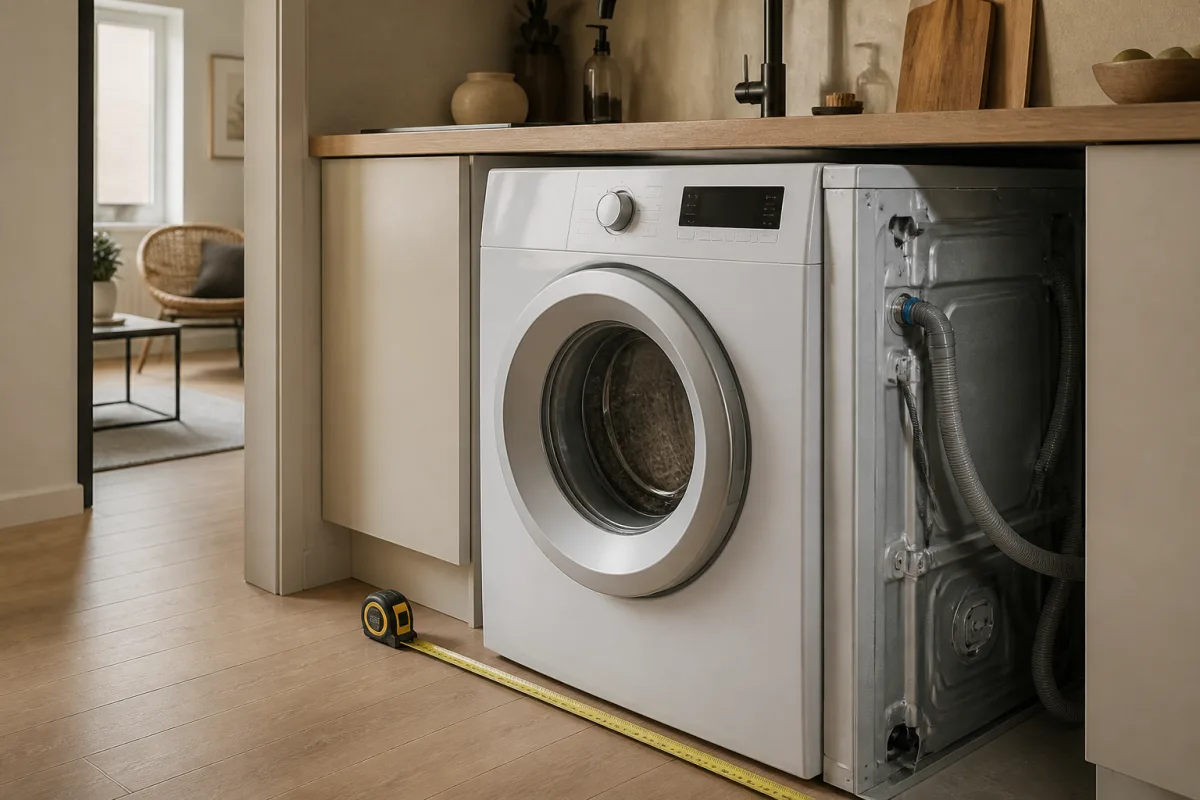 Lave-linge compact sous plan de travail avec mètre déroulé, tuyaux d’arrivée et évacuation visibles