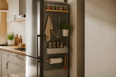Flanc de frigo équipé d’un panneau perforé aimanté avec crochets et bocaux d’épices, espace d’aération visible