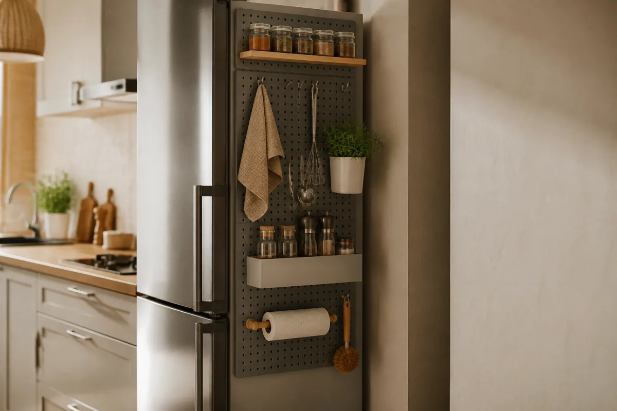 Flanc de frigo équipé d’un panneau perforé aimanté avec crochets et bocaux d’épices, espace d’aération visible
