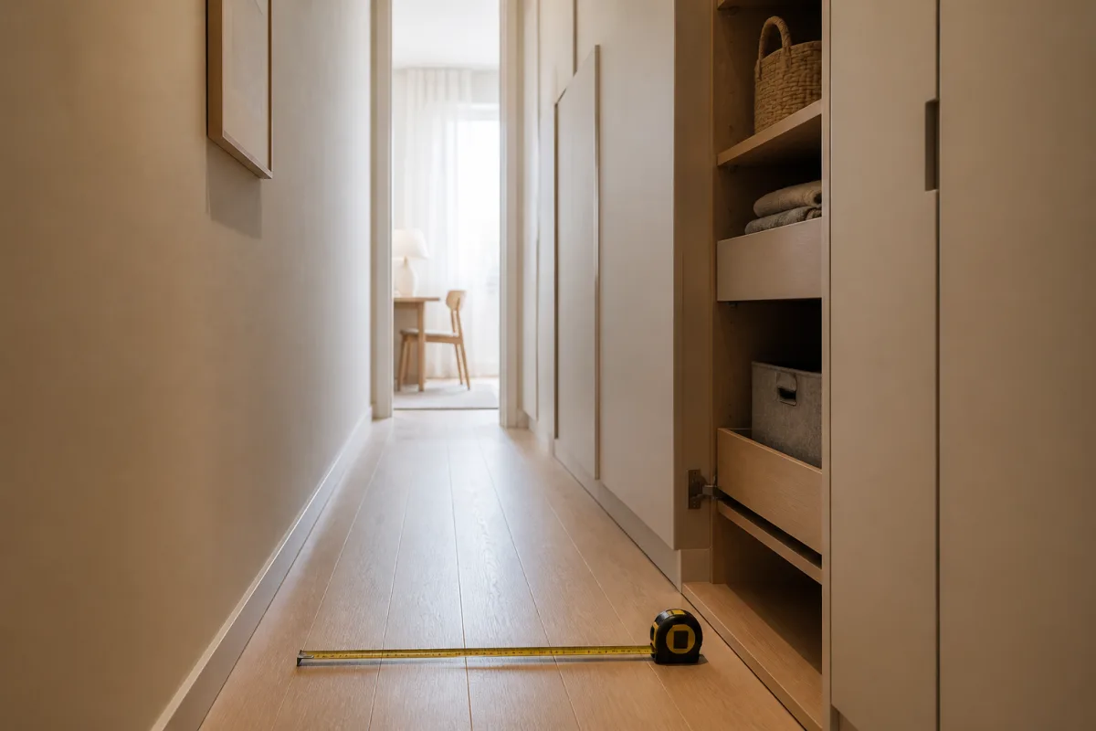 Couloir vide avec modules peu profonds et mètre déroulé montrant 80 cm de passage