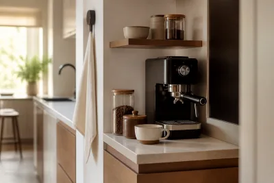 Station café compacte sur 40–60 cm de plan de travail, étagère peu profonde et boucle de câble visible