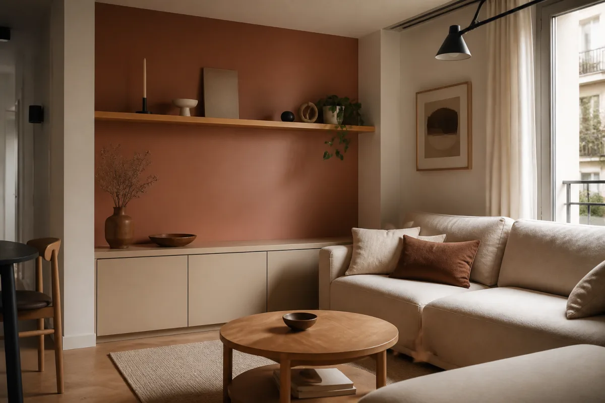 Coin salon d'un petit appartement : pan mi‑ton derrière canapé, meuble bas fermé et niche ouverte d'1 m