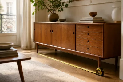 Mètre ruban étiré devant une enfilade basse vintage dans un petit salon, marquant l'espace de circulation